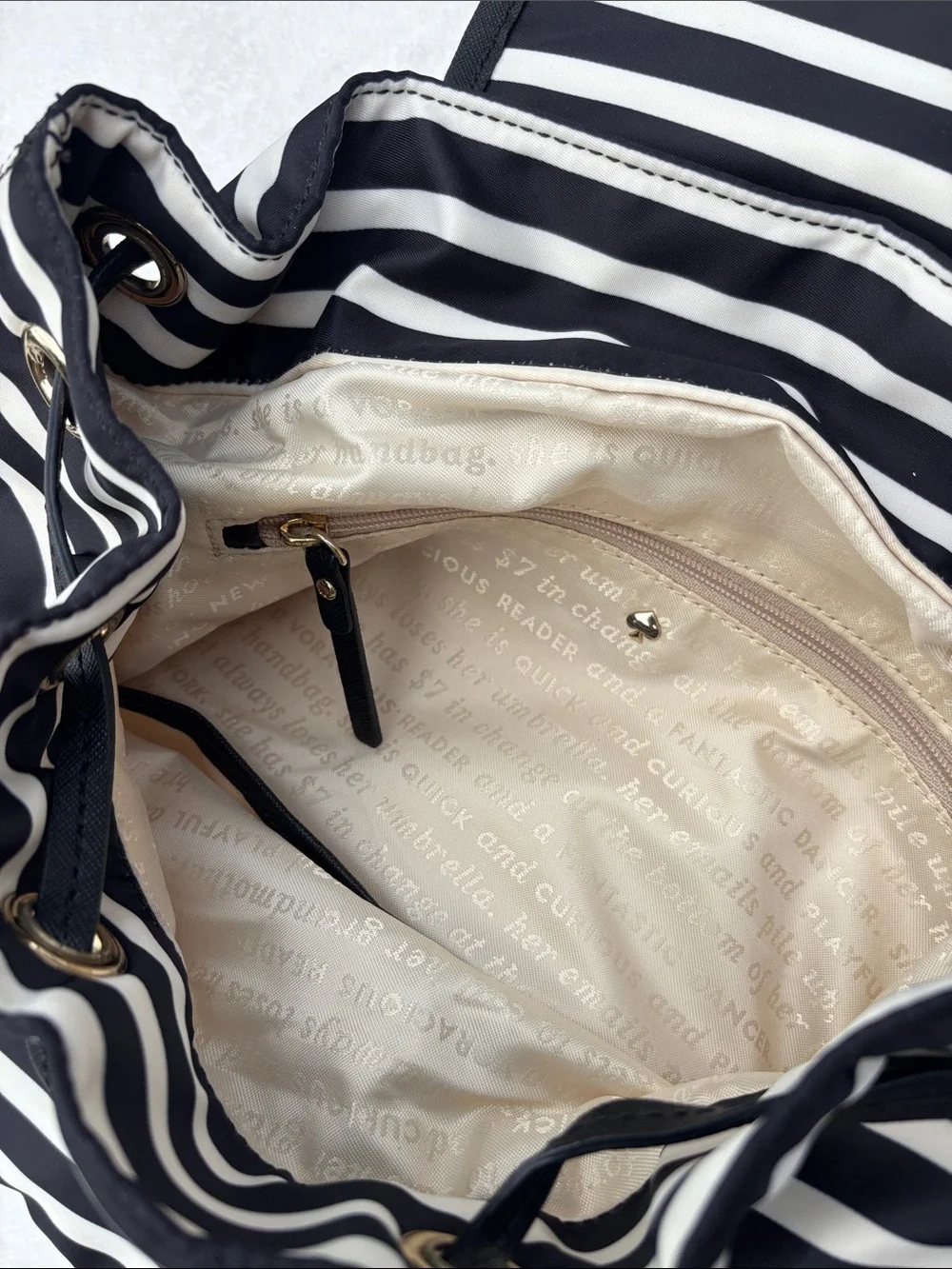 kate spade Black and White Striped Nylon Drawstring Backpack